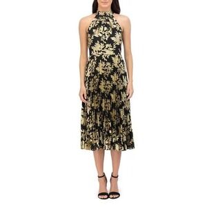 Eliza J Metallic‎ Pleated Floral Midi Dress Black Gold Size 6